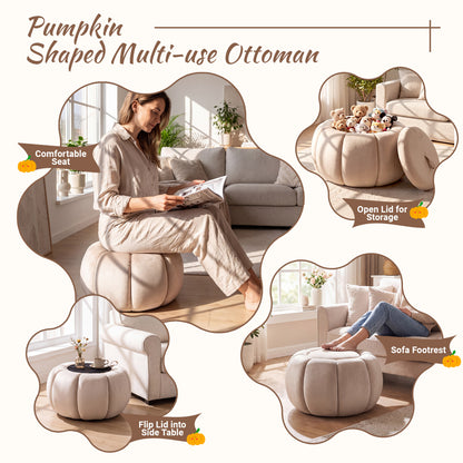 Pouf Citrouille, Rangement Caché, Couvercle Amovible, Beige
