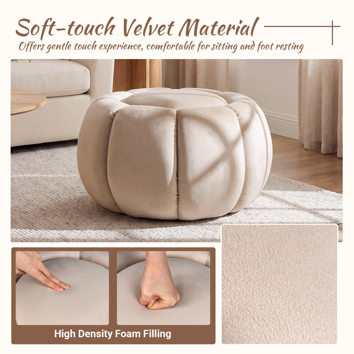 Pouf Citrouille, Rangement Caché, Couvercle Amovible, Beige
