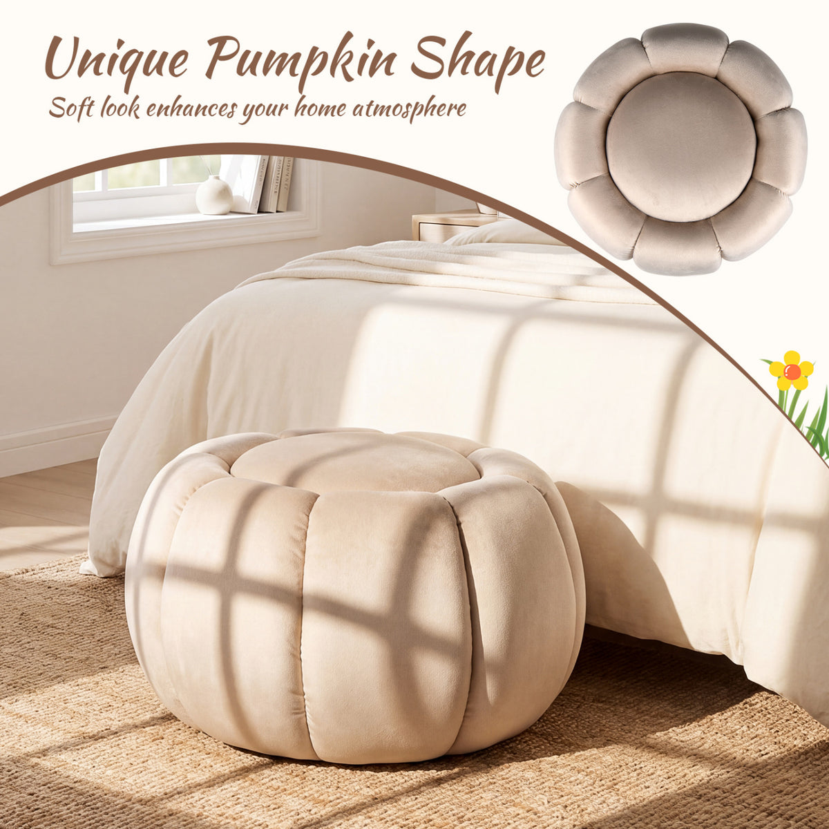 Pouf Citrouille, Rangement Caché, Couvercle Amovible, Beige