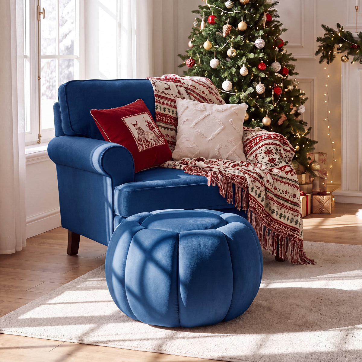 Pouf Citrouille, Rangement Caché, Couvercle Amovible, Bleu