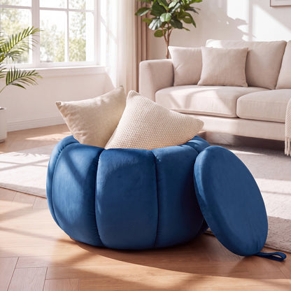 Pouf Citrouille, Rangement Caché, Couvercle Amovible, Bleu