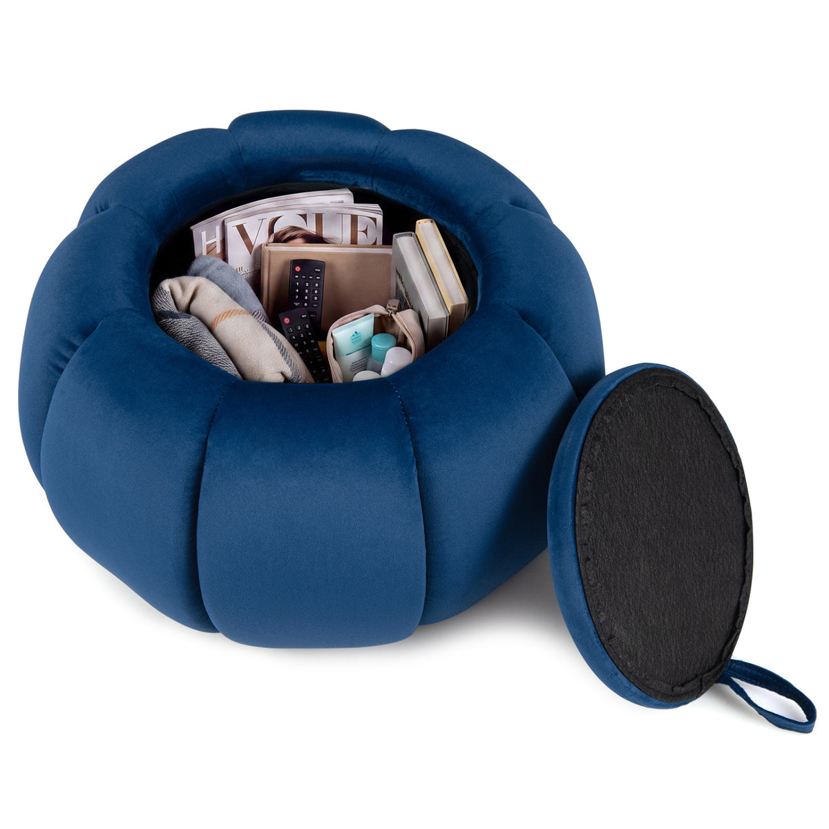 Pouf Citrouille, Rangement Caché, Couvercle Amovible, Bleu
