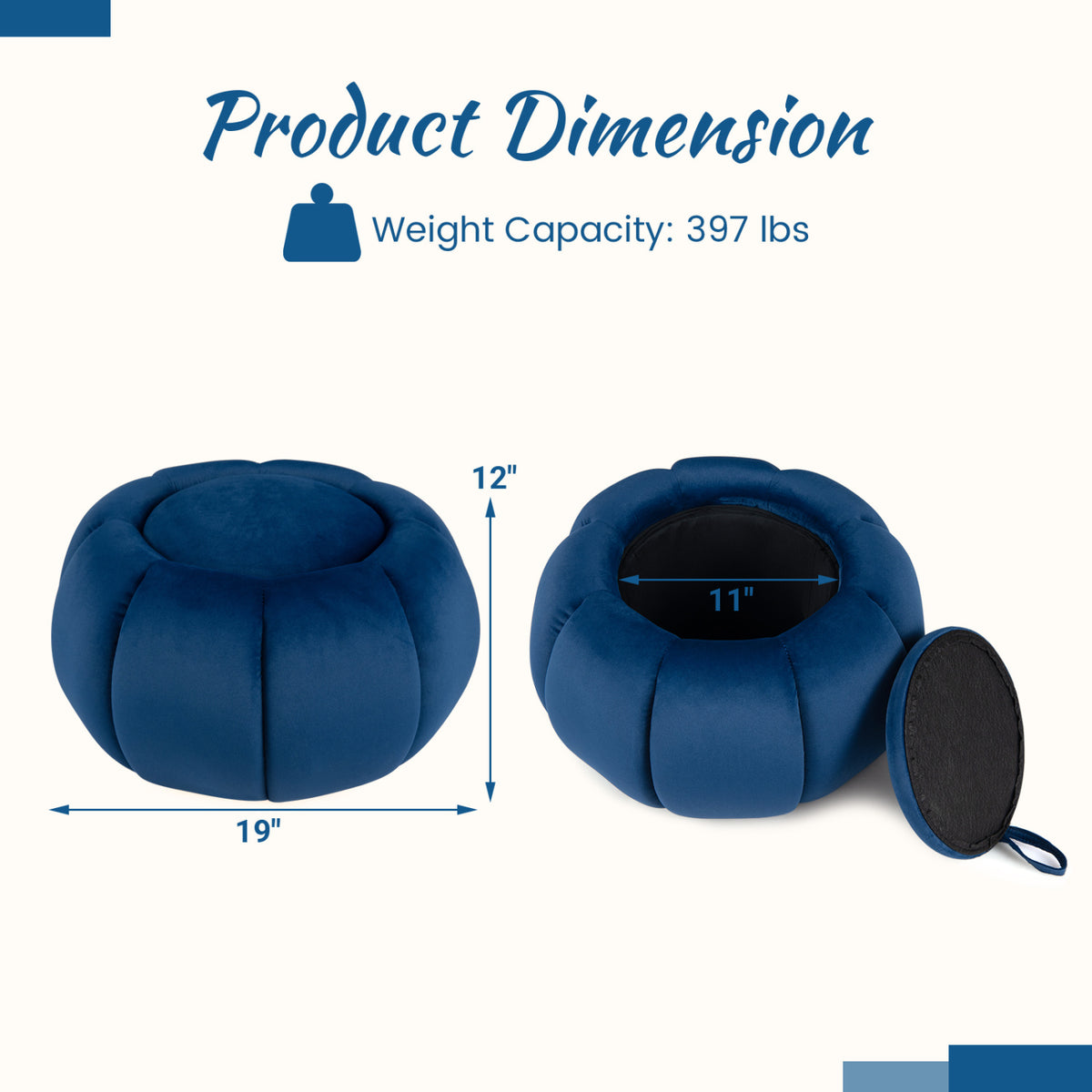 Pouf Citrouille, Rangement Caché, Couvercle Amovible, Bleu
