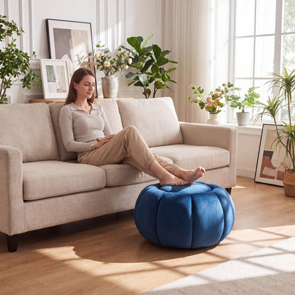 Pouf Citrouille, Rangement Caché, Couvercle Amovible, Bleu