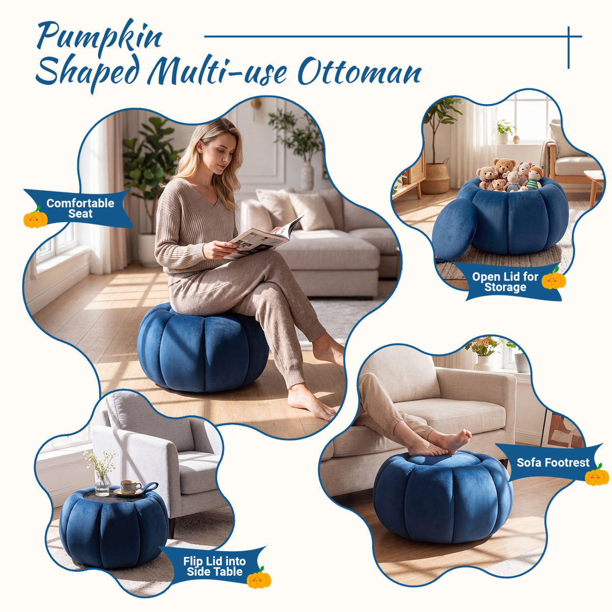 Pouf Citrouille, Rangement Caché, Couvercle Amovible, Bleu