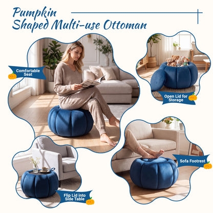 Pouf Citrouille, Rangement Caché, Couvercle Amovible, Bleu