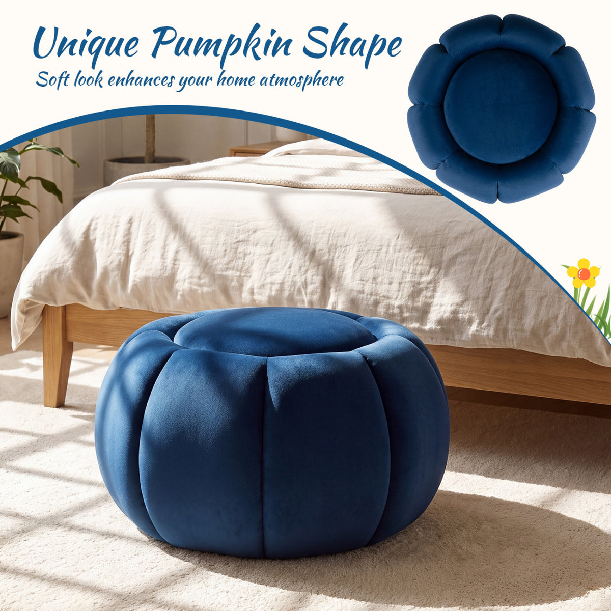 Pouf Citrouille, Rangement Caché, Couvercle Amovible, Bleu