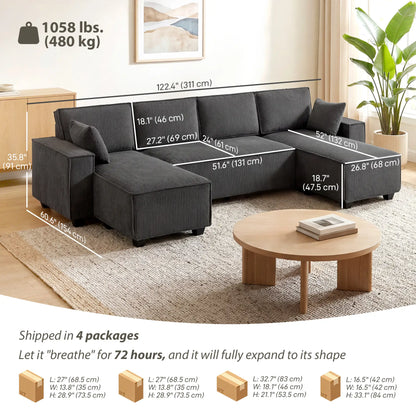 Modular U Shaped Sectional Sofa, Double Chaises, Spring Cushions, Dark Grey L Shaped Couchs at Gallery Canada