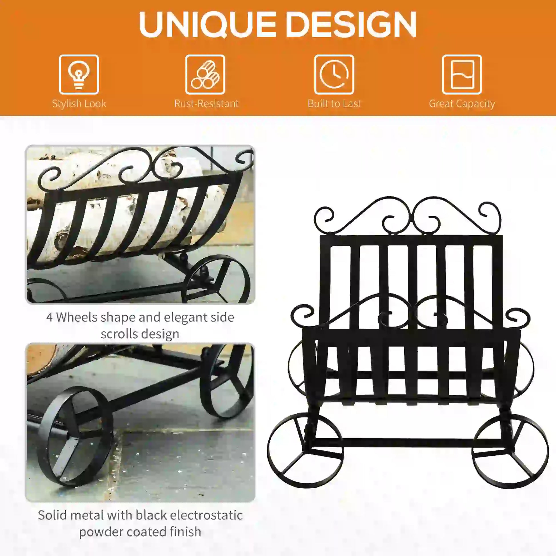 23" Curved Firewood Log Rack, Scroll Design, Indoor Outdoor, Black Firewood Racks at Gallery Canada