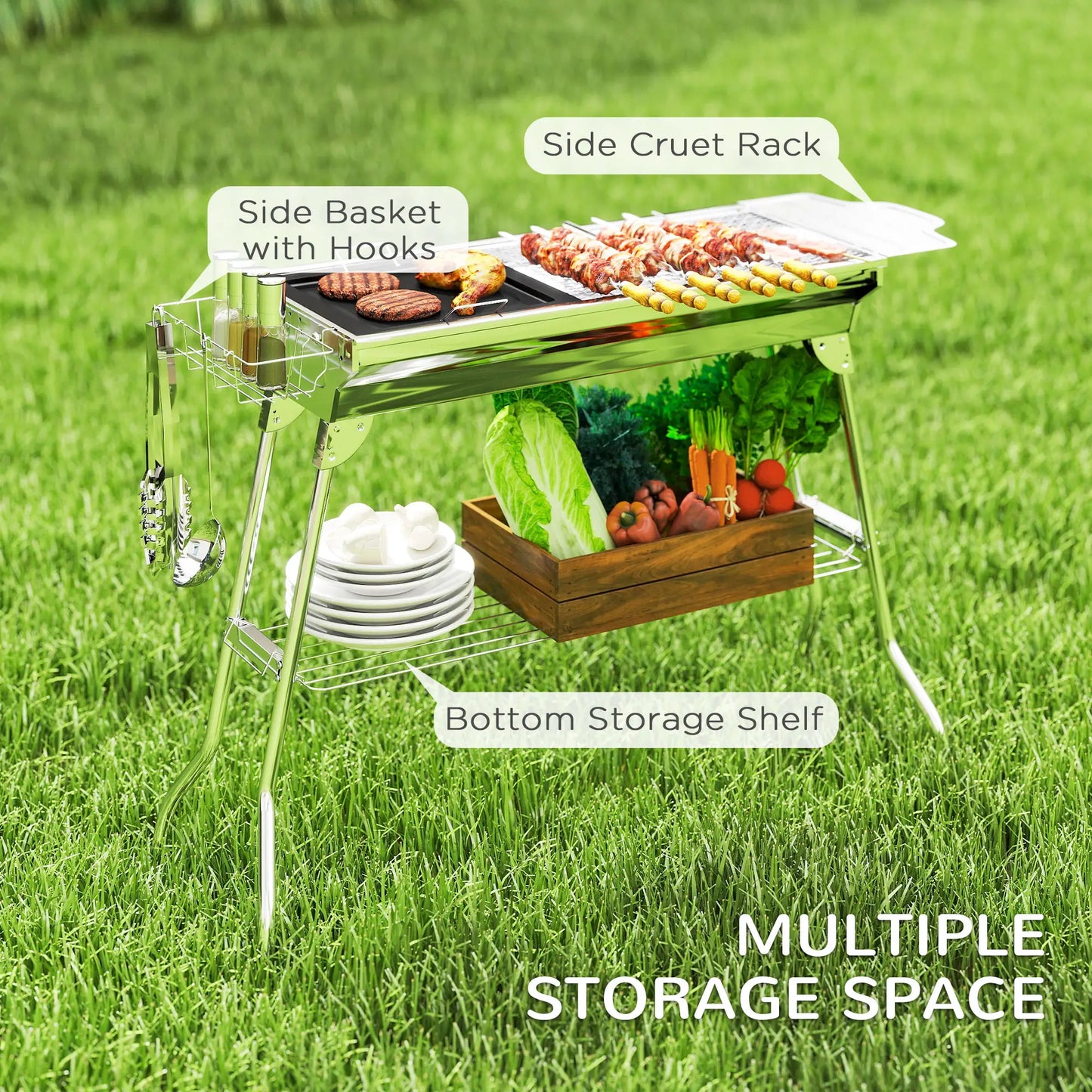 Portable Charcoal Grill, Stainless Steel, Folding With Shelf