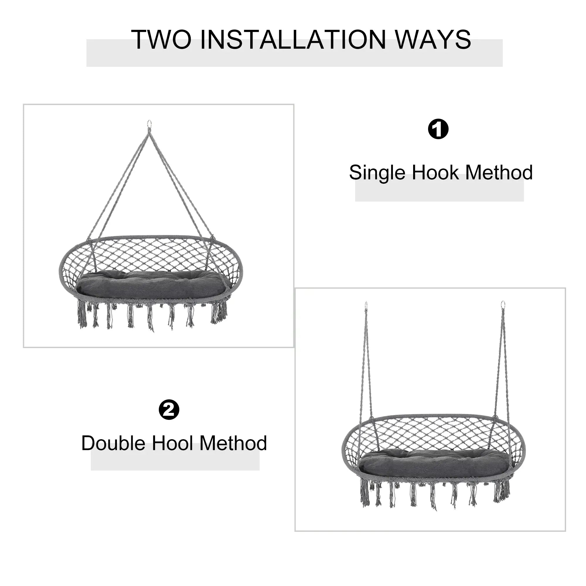 Patio Hammock Chair 2 Seat, Hanging Rope Hammock Swing Chair with Metal Frame and Cushion, Large Macrame Seat for Indoor and Outdoor 396 lbs Capacity, Dark Grey Hammock Swings at Gallery Canada