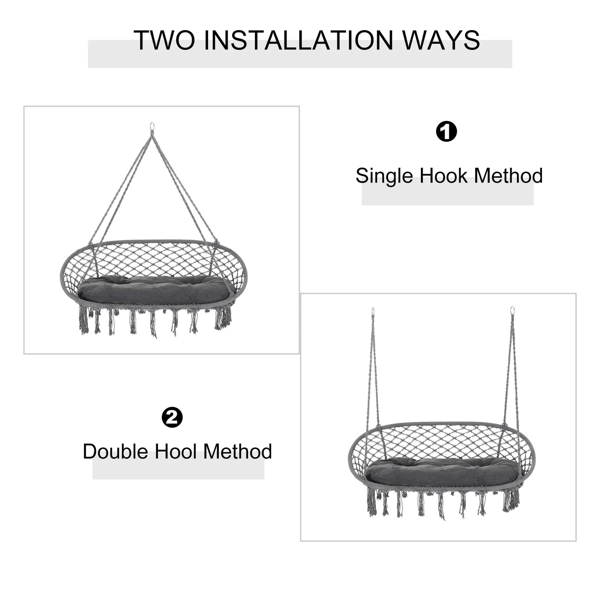 Patio Hammock Chair 2 Seat, Hanging Rope Hammock Swing Chair with Metal Frame and Cushion, Large Macrame Seat for Indoor and Outdoor 396 lbs Capacity, Dark Grey Hammock Swings at Gallery Canada