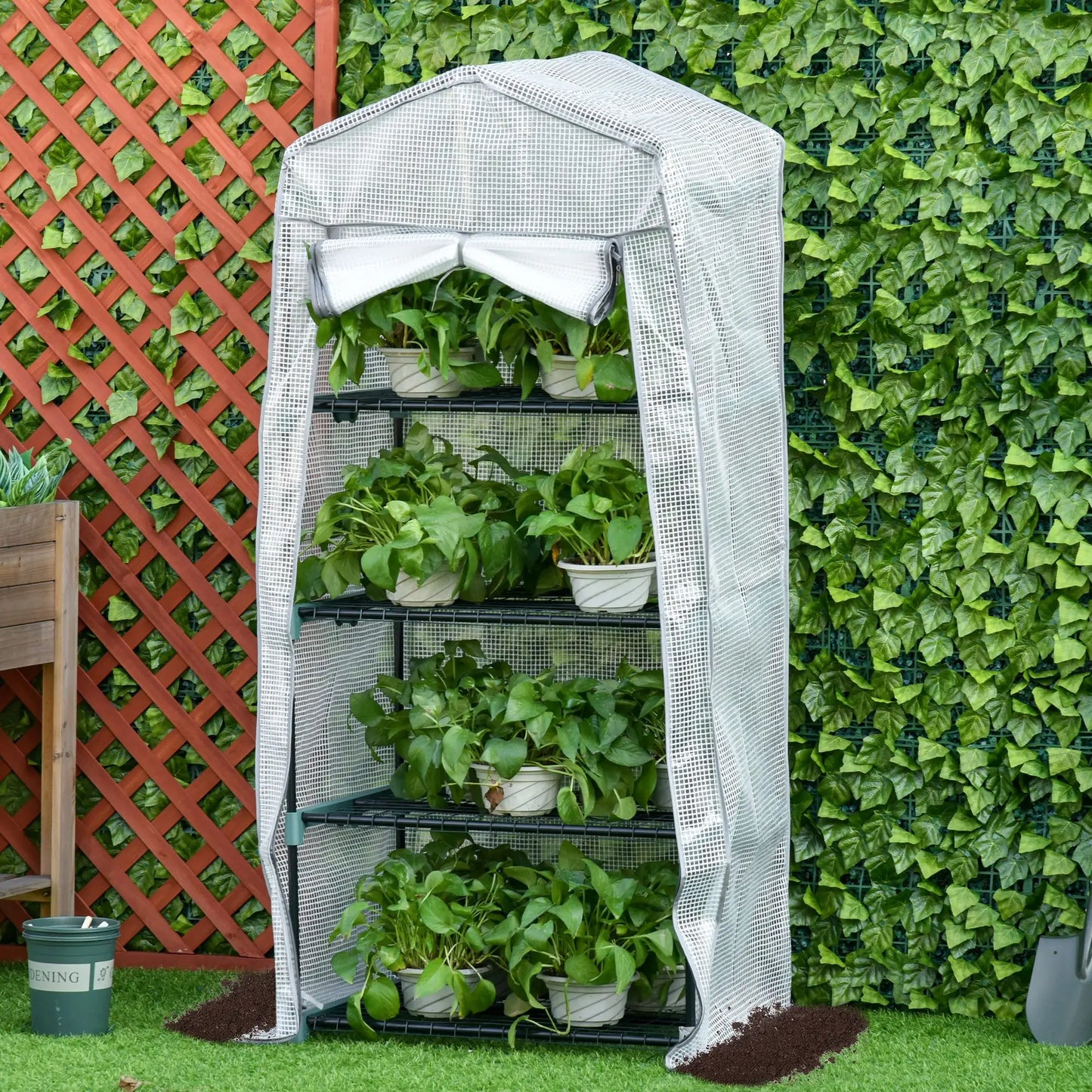 Portable Greenhouse With 4 Tier Shelves, Steel Frame, PE Cover, 28" x 20" x 63", White