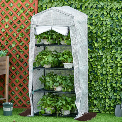 Portable Greenhouse With 4 Tier Shelves, Steel Frame, PE Cover, 28" x 20" x 63", White