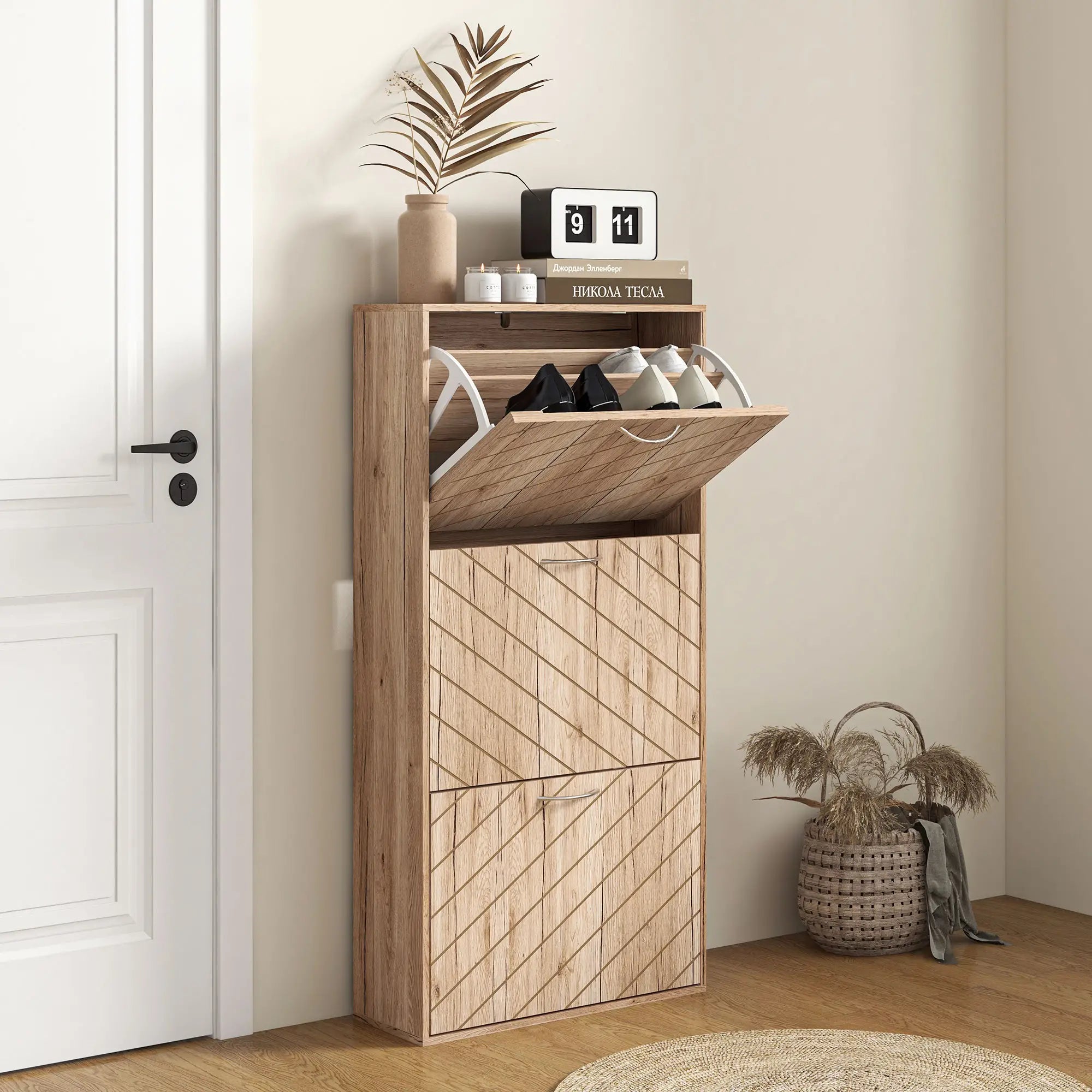 Shoe Storage Cabinet, 3 Flip Drawers, Narrow, 12 Pair Organizer, Nature Wood Shoe Storage Cabinets & Racks at Gallery Canada