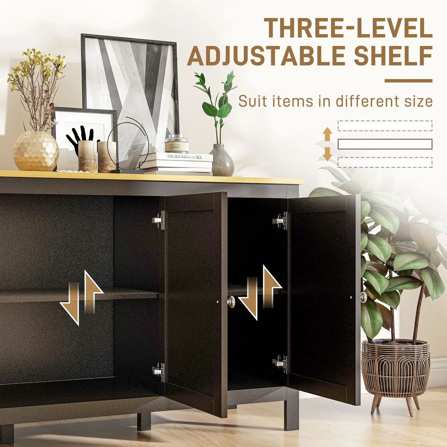 Sideboard, Buffet Cabinet with Doors, Adjustable Shelves, Natural, Black Kitchen Pantry Cabinets at Gallery Canada