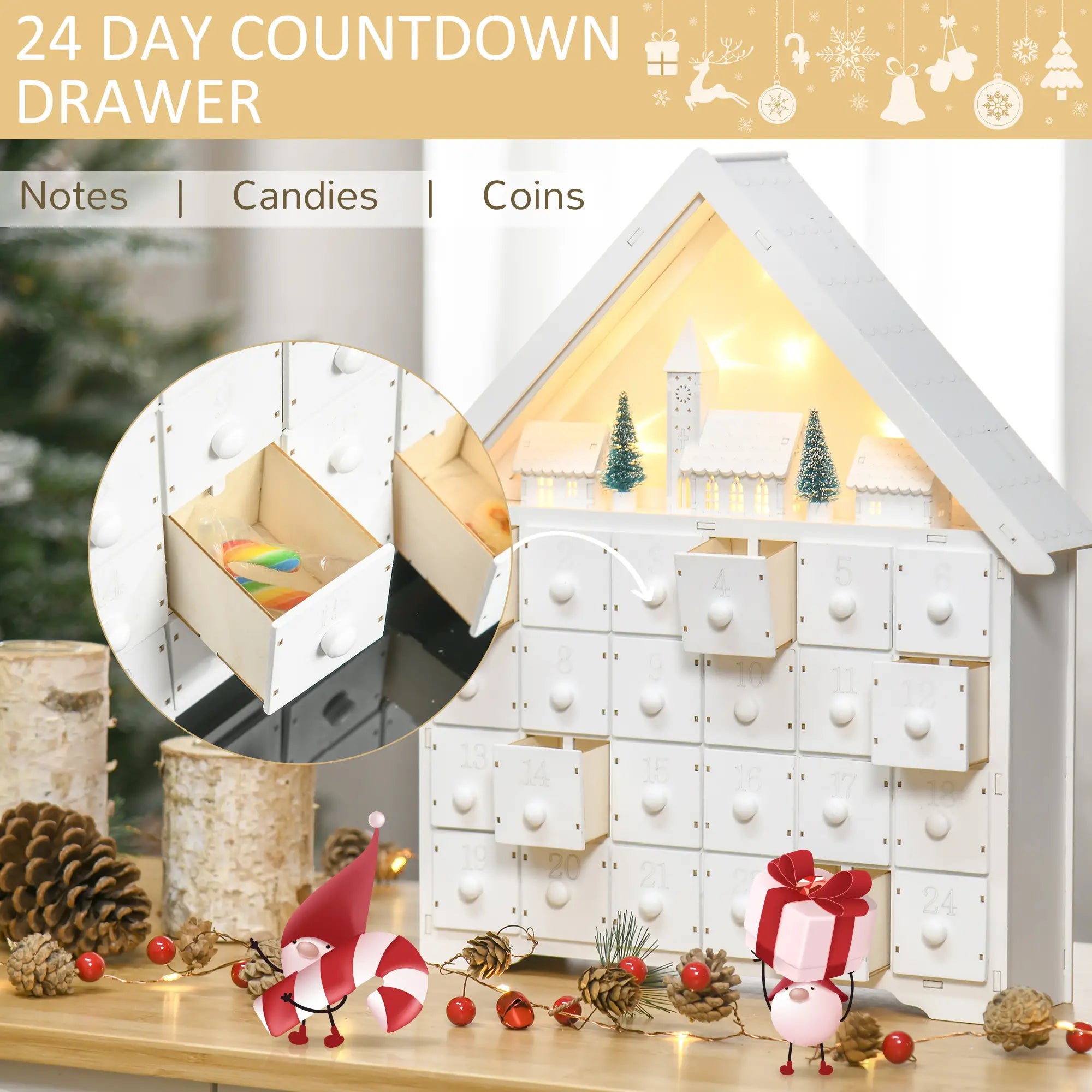 Christmas Advent Calendar, Light Up Wooden House, Countdown Drawer, White Christmas Advent Calendars at Gallery Canada