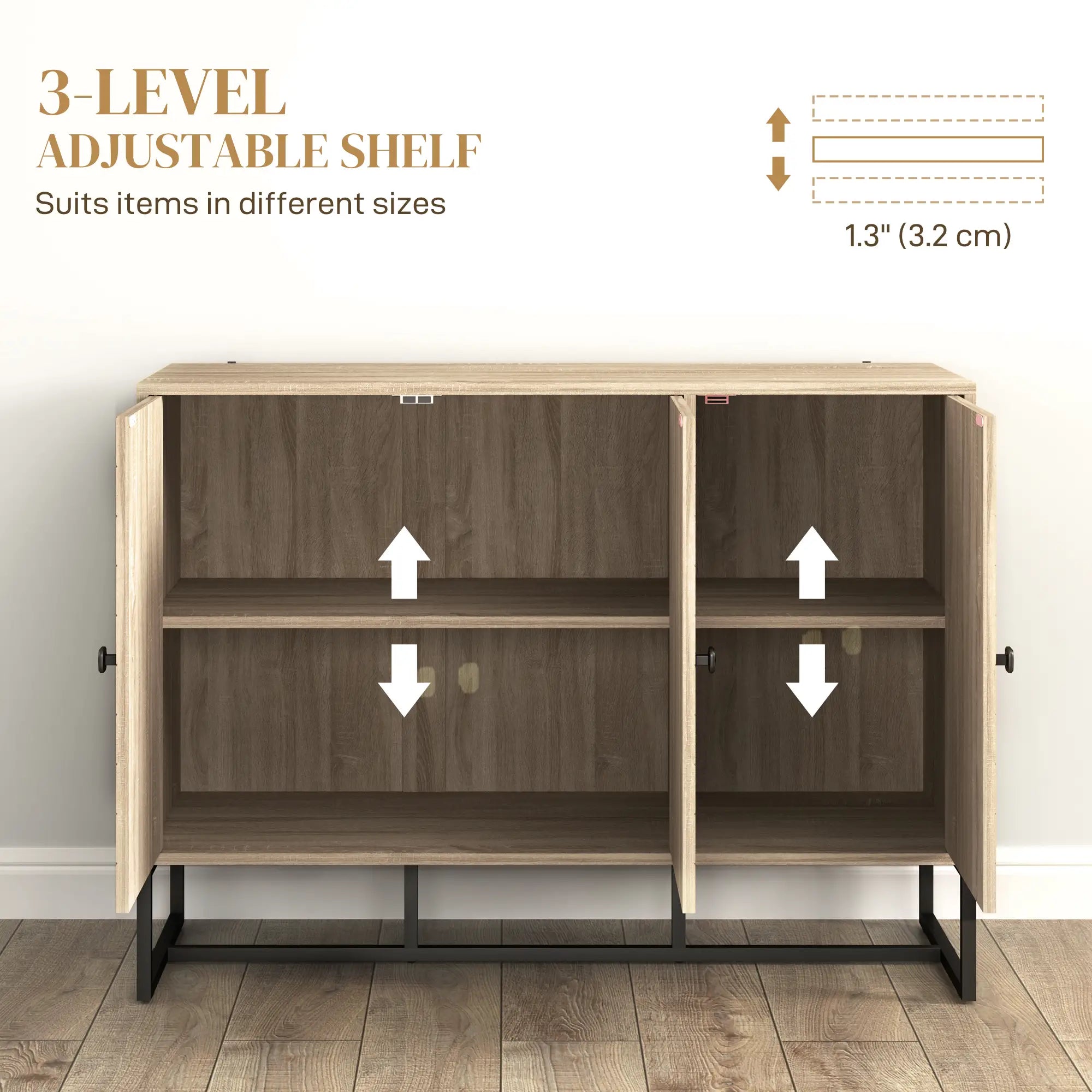 Modern Sideboard, Adjustable Shelves, 3 Chevron Doors, Oak Wood Grain Storage Cabinets at Gallery Canada