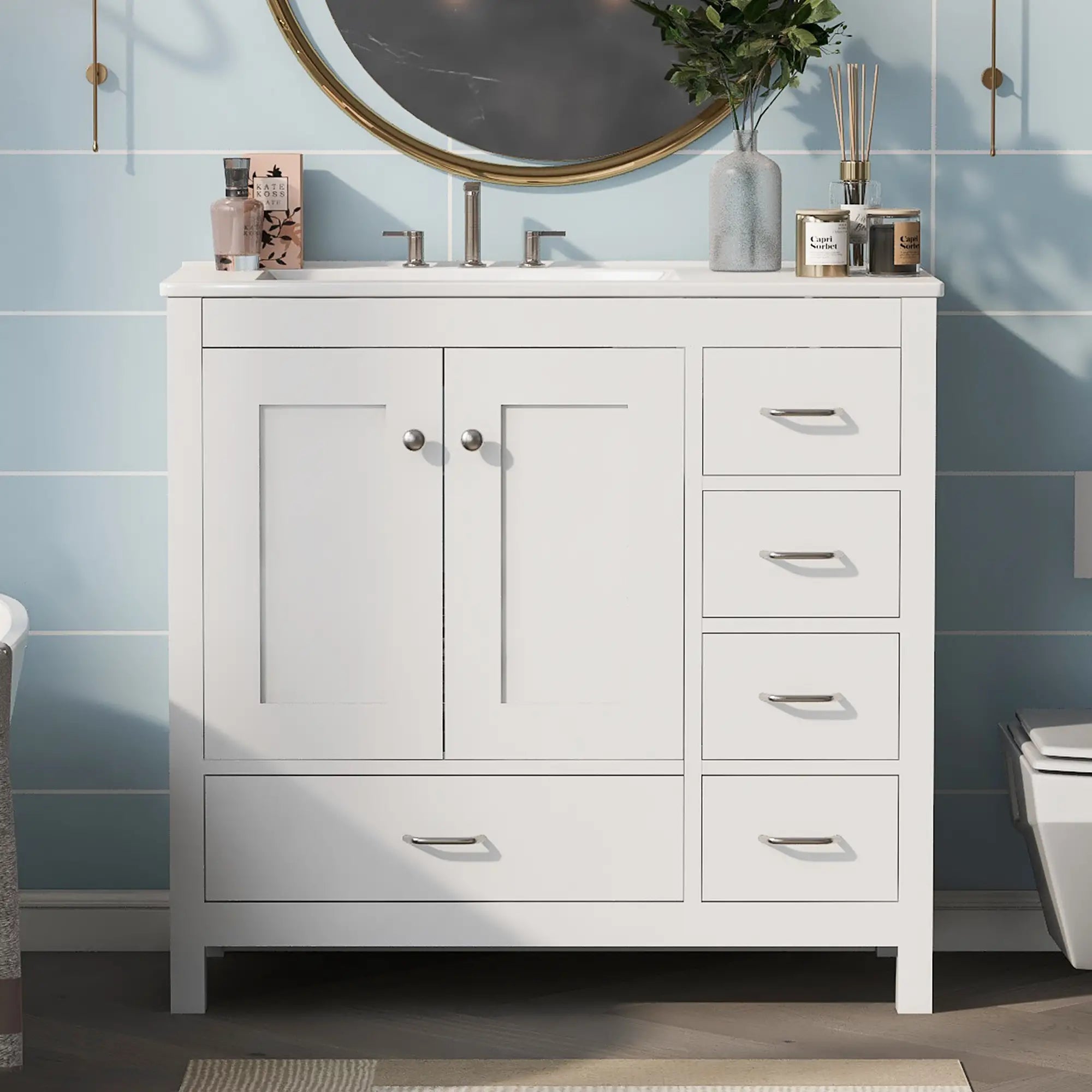 Bathroom Vanity, Ceramic Sink, 2 Soft Close Doors, 5 Drawers, 36