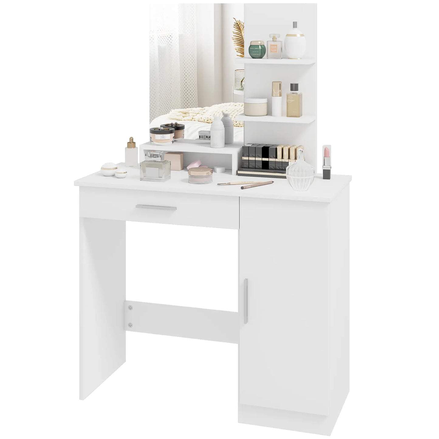 Vanity Desk With Mirror, Drawer, Shelves, Cabinet, Adjustable Shelves Dressing & Vanity Tables White at Gallery Canada