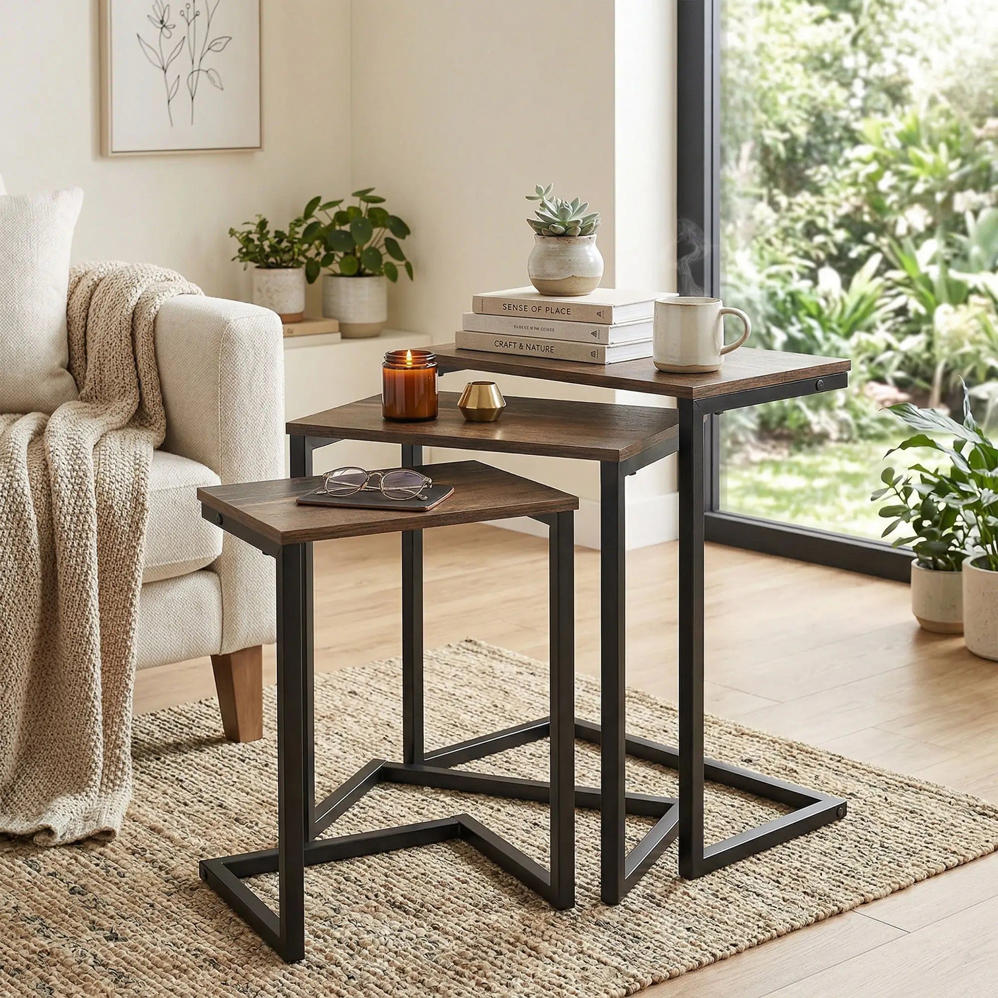 Nesting End Tables Set of 3, Industrial C-Shaped Side Table, Rustic Brown, Brown Side Tables at Gallery Canada