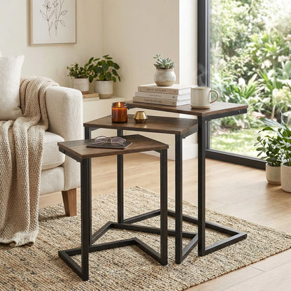 Nesting End Tables Set of 3, Industrial C-Shaped Side Table, Rustic Brown, Brown Side Tables at Gallery Canada