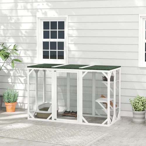 Outdoor Cat Enclosure, Waterproof Roof, Multi-Level Platforms, Lock, White