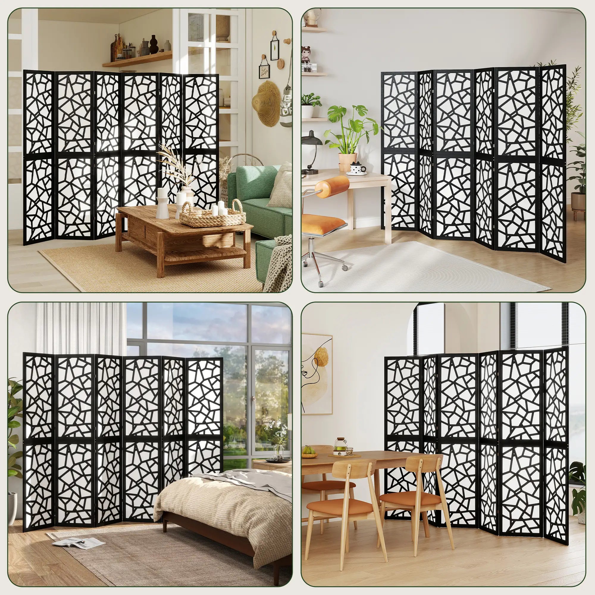 6 Panel Room Divider, 5.6 FT, Geometric Pattern Privacy Screen, Black Room Dividers at Gallery Canada