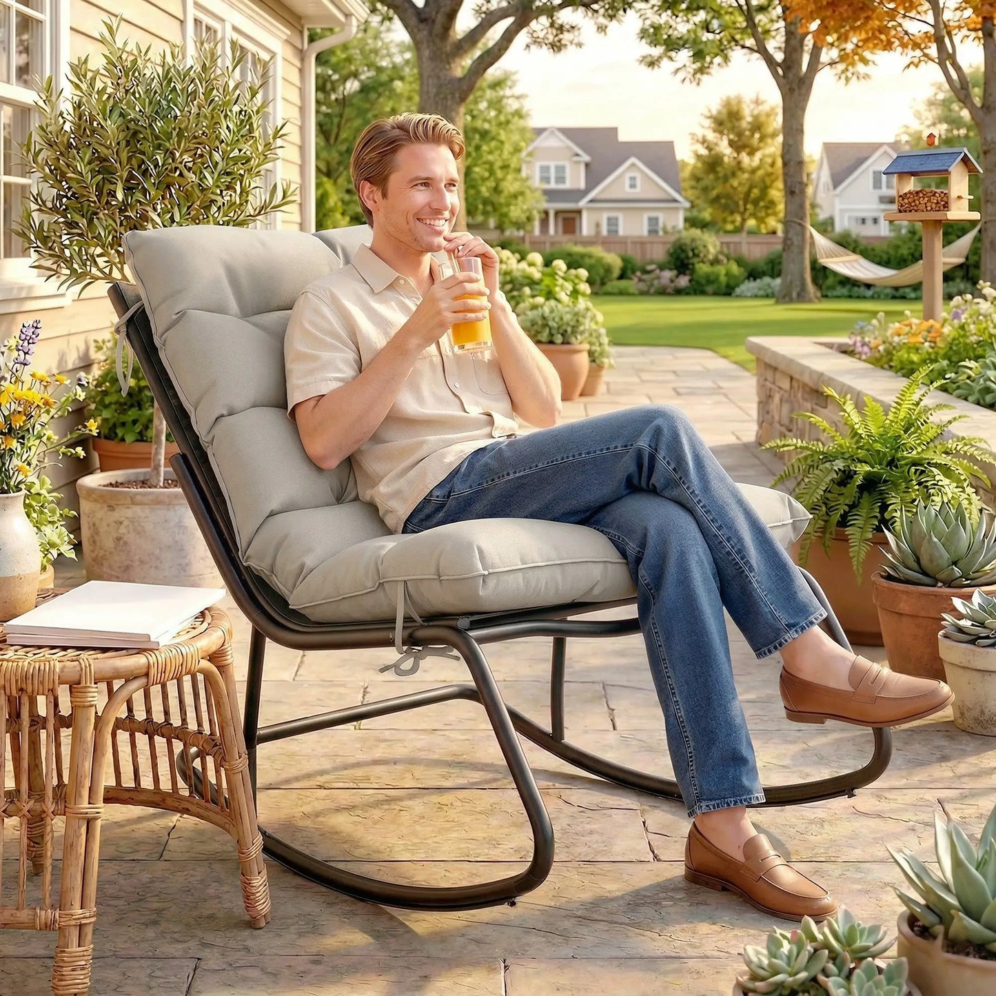 Oversized Rocking Patio Chair With 25" Wide Seat And Cushion, Khaki Outdoor Rocking Chairs at Gallery Canada