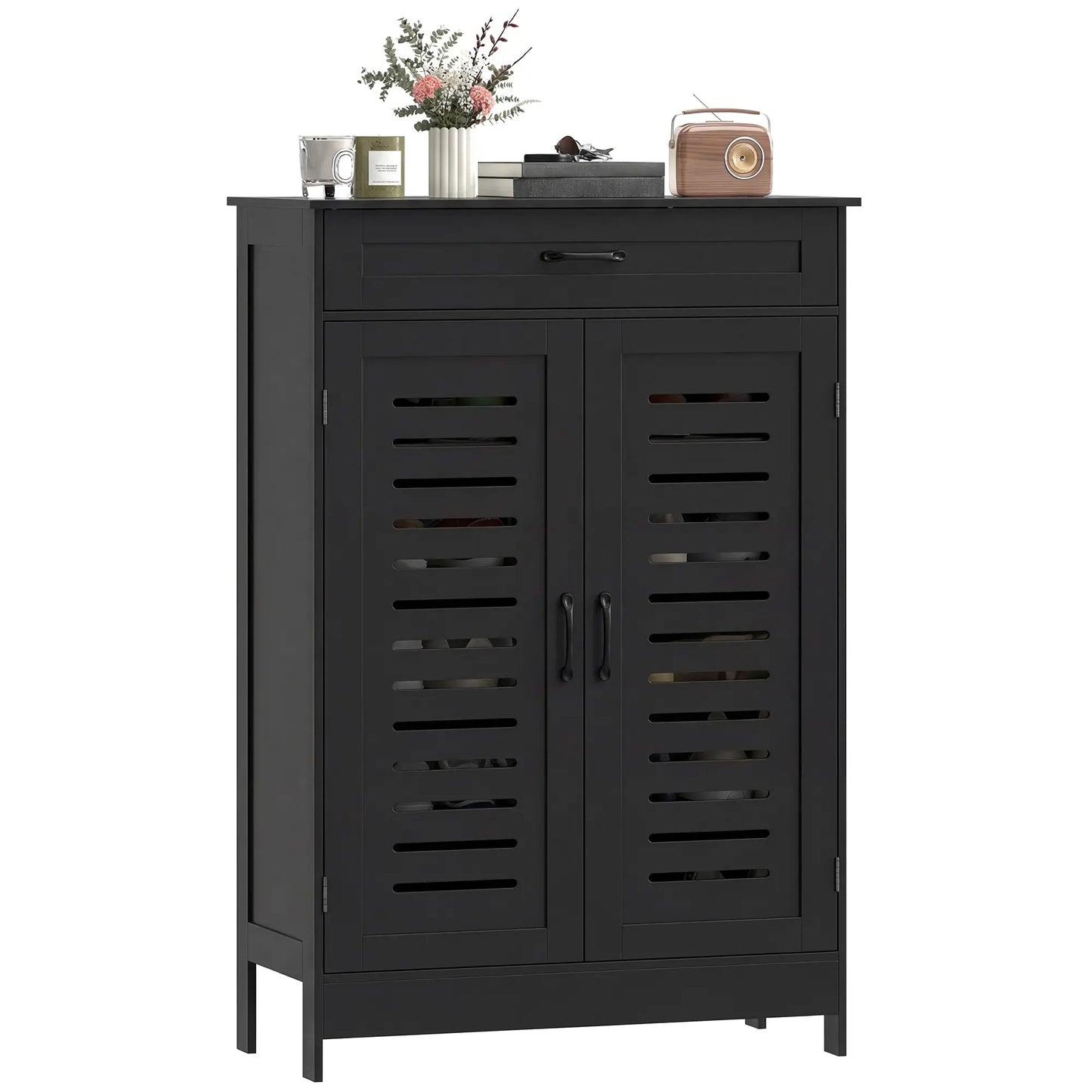 Shoe Cabinet With Louvered Doors, Drawer, Adjustable Shelves, Black Shoe Storage Cabinets & Racks Black at Gallery Canada