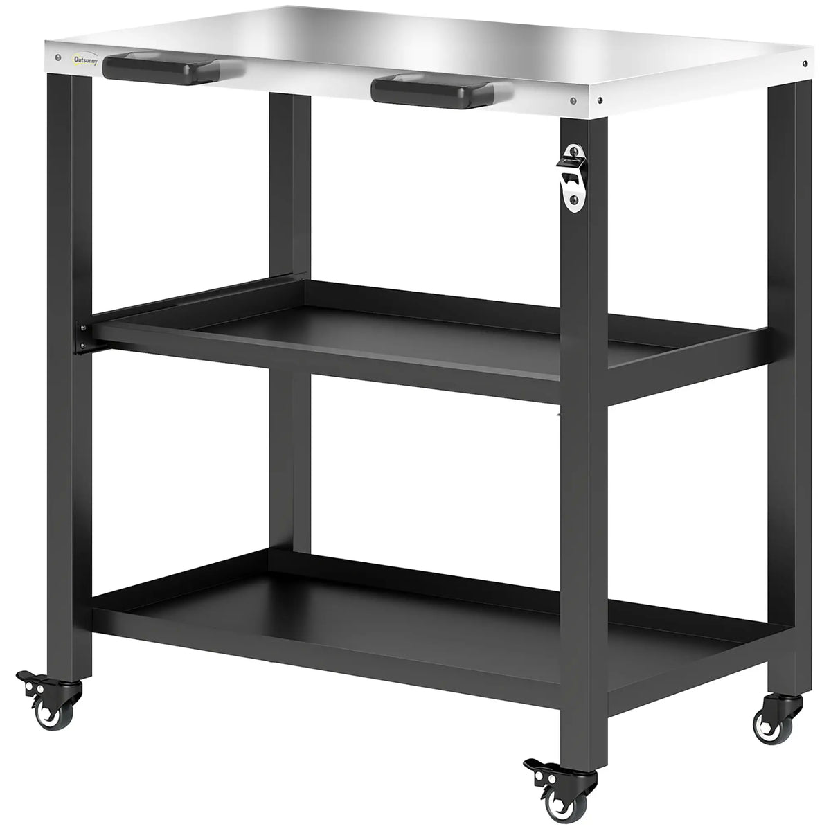 Outdoor Grill Cart, Stainless Steel Tabletop, 2 Shelves, Lockable Wheels