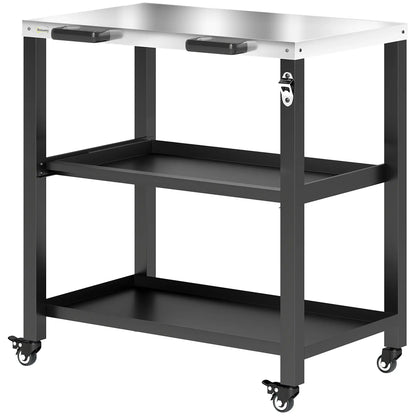 Outdoor Grill Cart, Stainless Steel Tabletop, 2 Shelves, Lockable Wheels