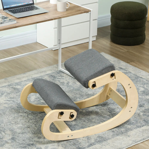 Ergonomic Kneeling Chair, Adjustable Rocking Wood Stool, Grey