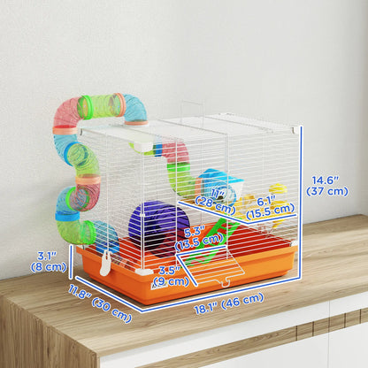 18"L Hamster Cage, 2-Level Small Animal House With Tube System, Orange