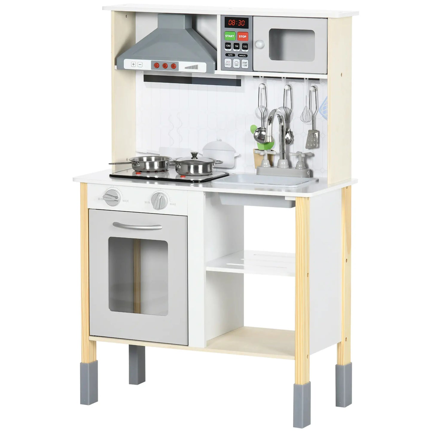 Wooden Play Kitchen, Realistic Lights Sounds, Microwave, Range Hood, White Play Kitchen at Gallery Canada