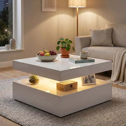 LED Coffee Table with Storage, 2-Tier Modern Center Table with Open Shelf and Remote for Living Room, High Gloss White Coffee Tables at Gallery Canada
