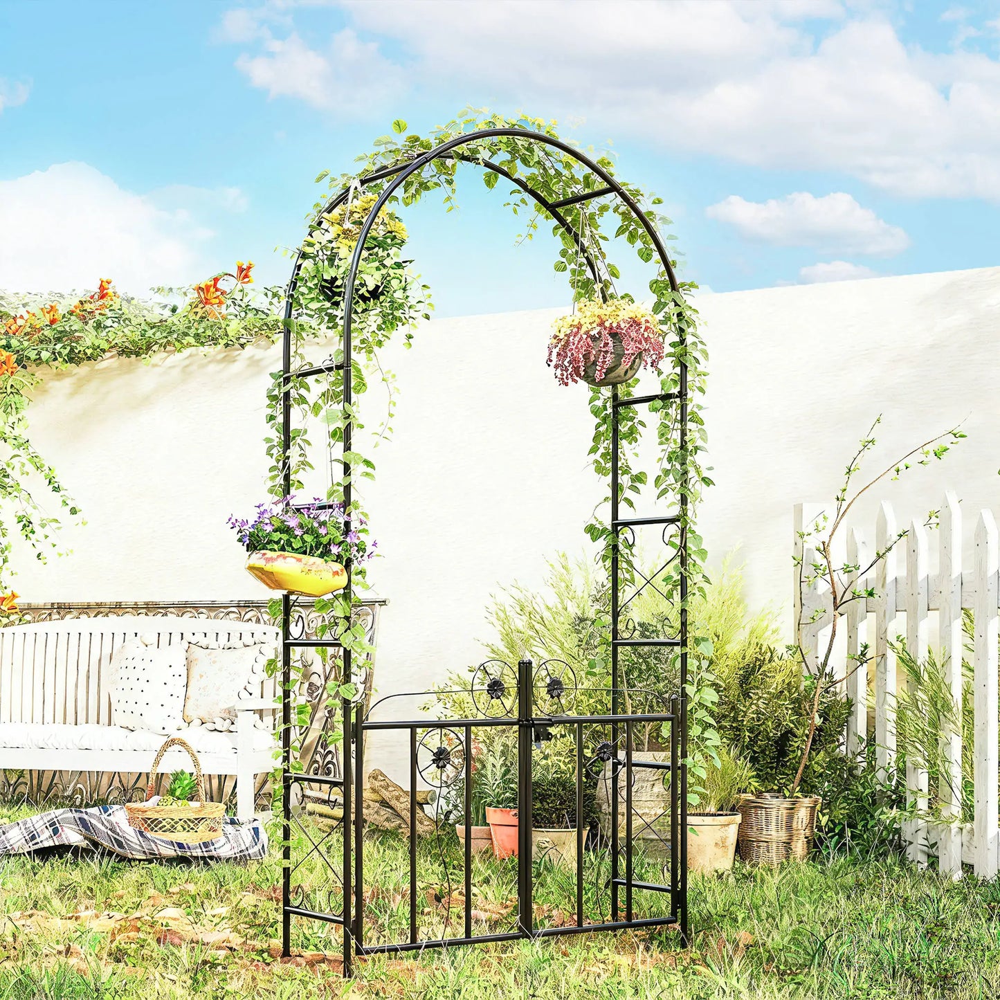 7.4 ft Garden Arch, Outdoor Trellis Arbor With Gate, Black Garden Arches at Gallery Canada