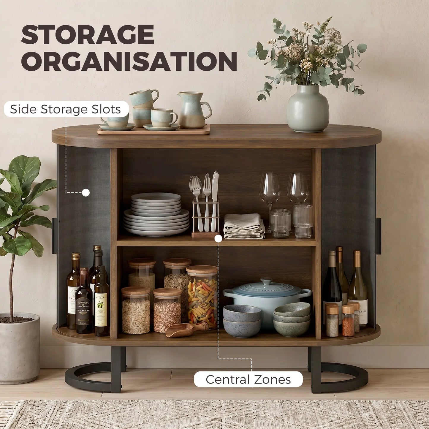 Sideboard Buffet Cabinet with Curved Tambour Doors, Brown/Black