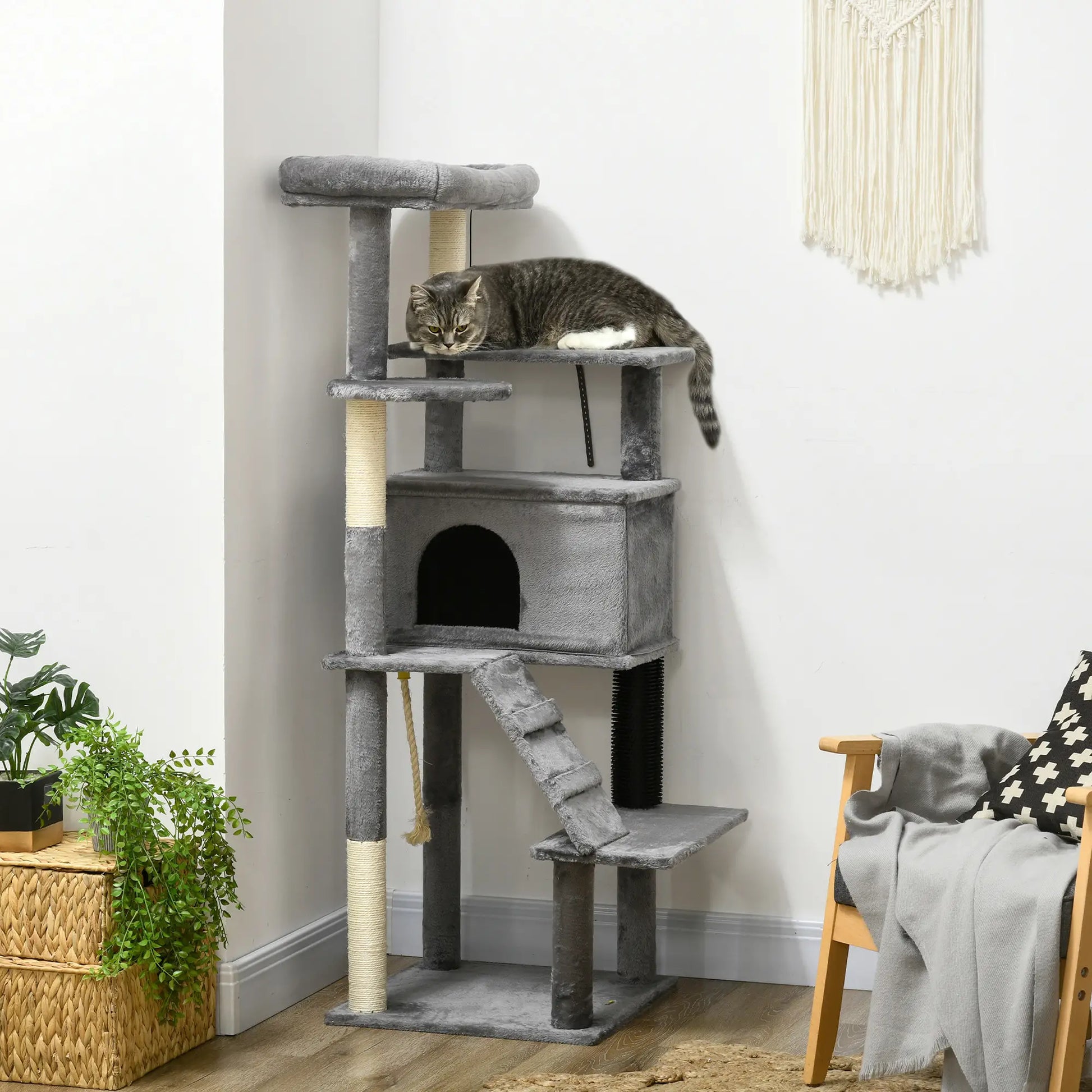 58" Tall Cat Tree for Large Cats, Scratching Posts, Bed, House, Toys, Grey Cat Towers at Gallery Canada