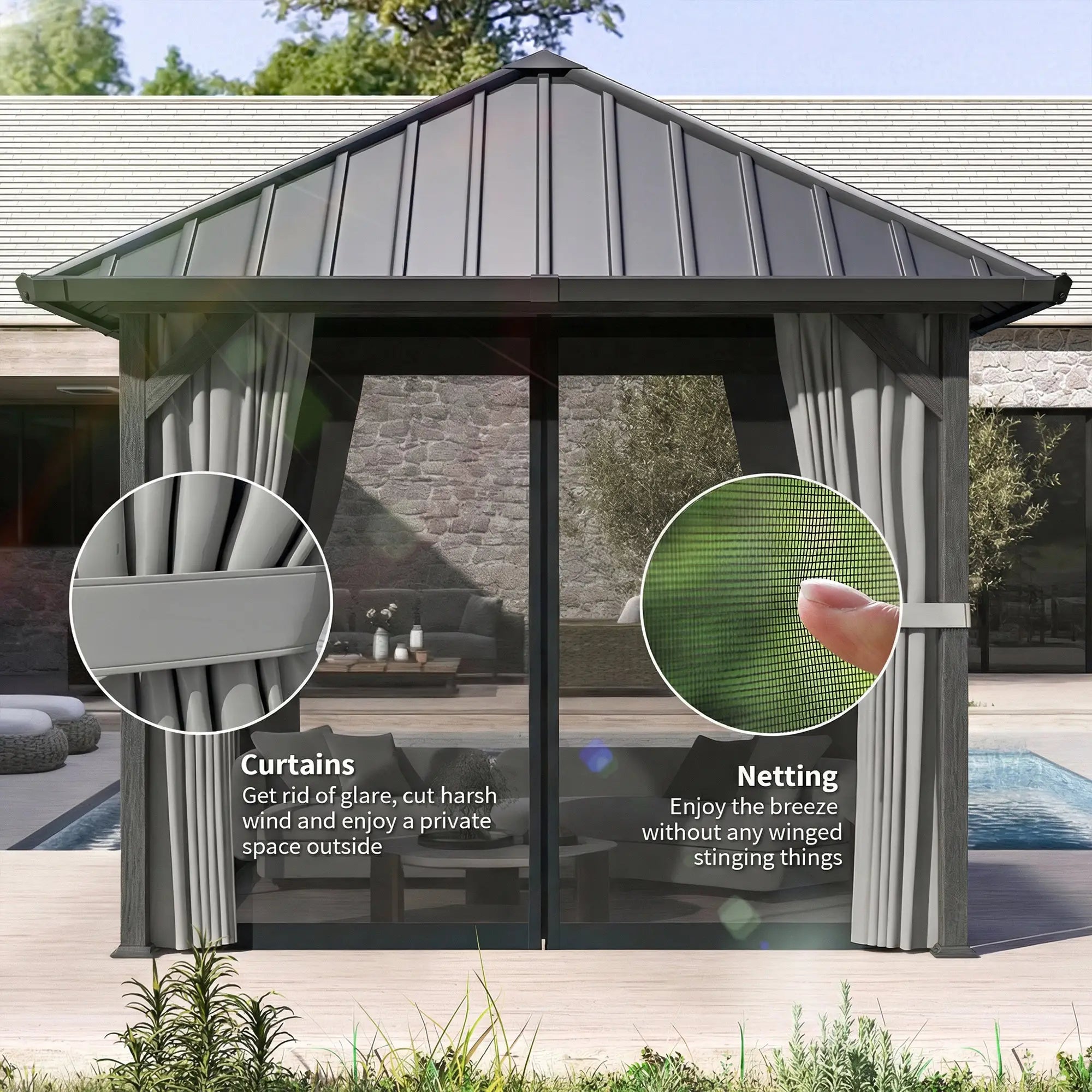 10' X 10' Hardtop Gazebo With Steel Roof, Netting & Curtains, Steel Gazebos at Gallery Canada