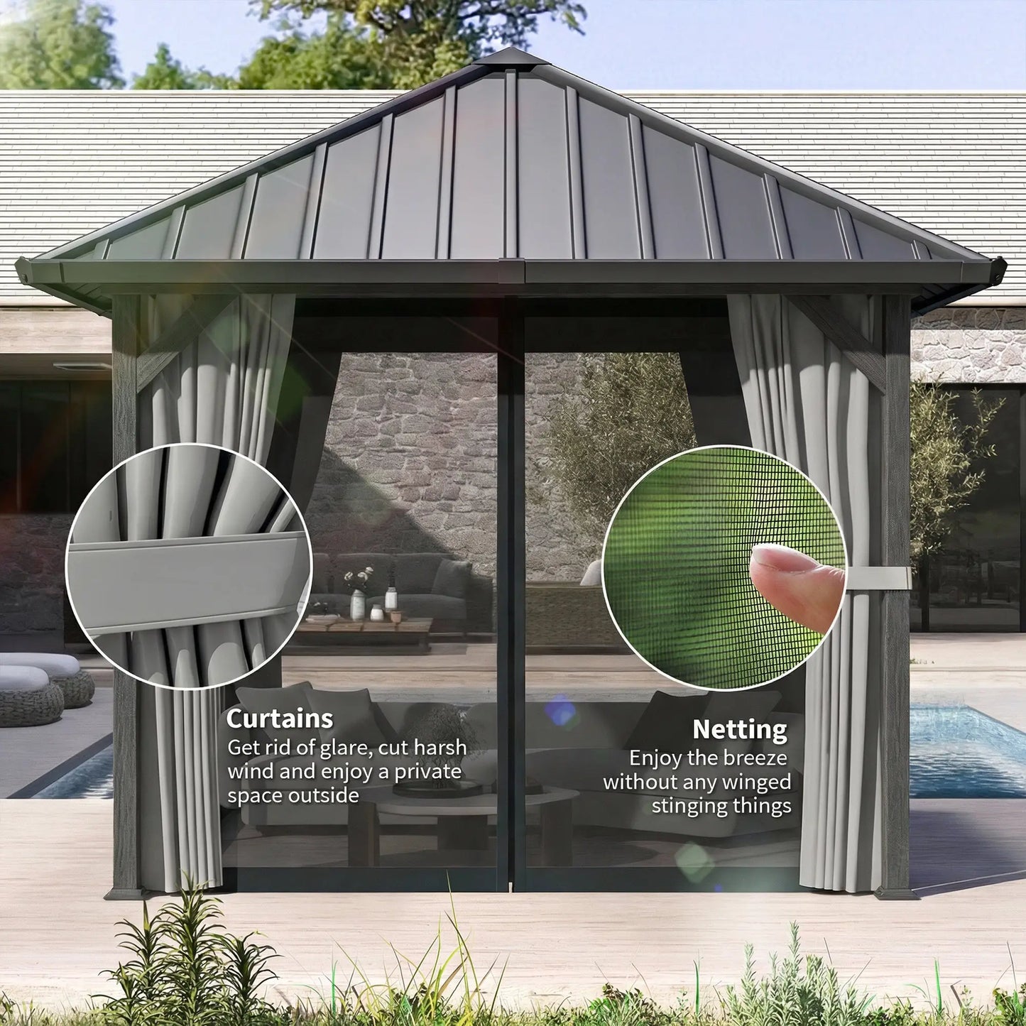 10' X 10' Hardtop Gazebo With Steel Roof, Netting & Curtains, Steel Gazebos at Gallery Canada