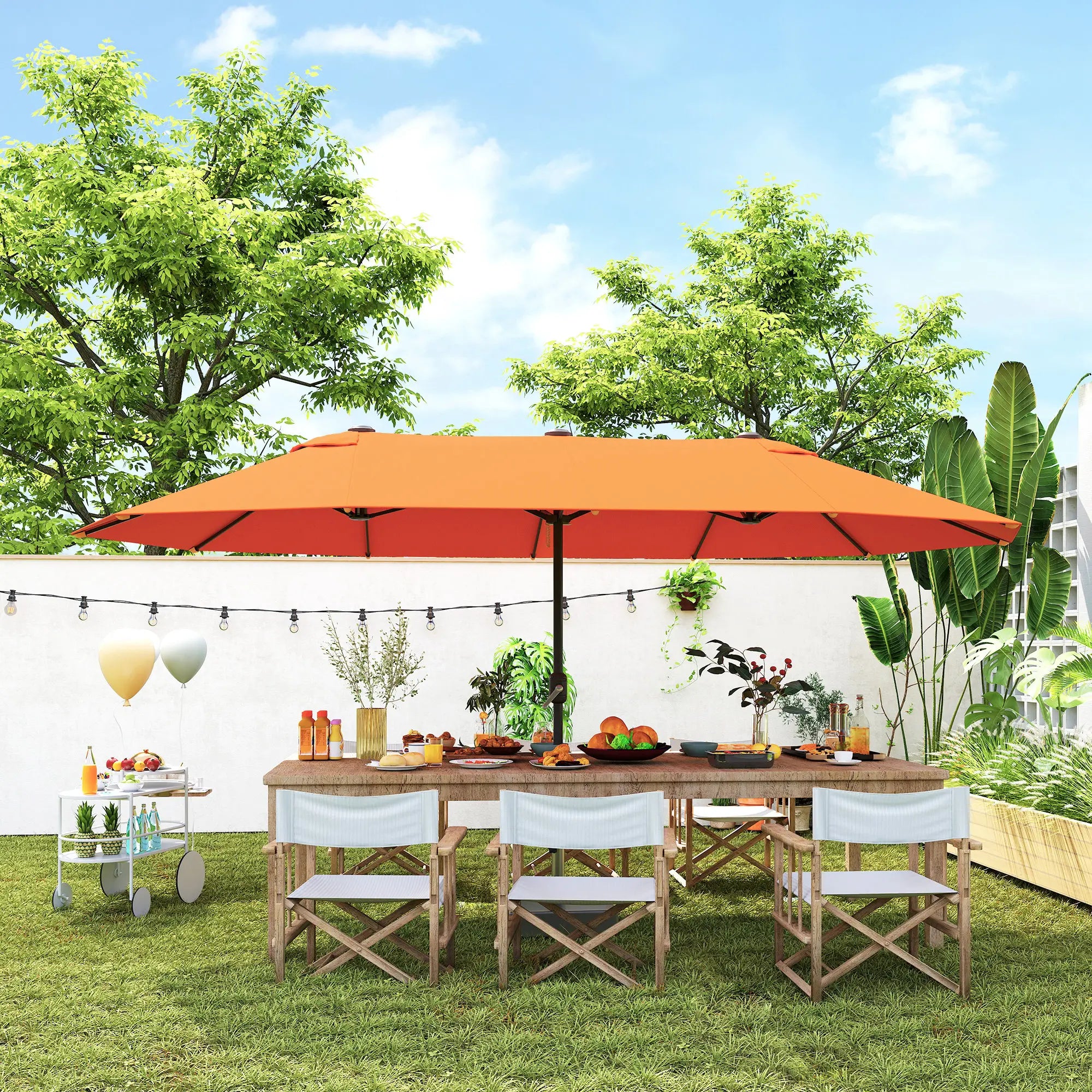15' Outdoor Patio Umbrella, Twin Canopy Sunshade, Steel Table, Lift Crank, Orange Sun Umbrellas at Gallery Canada