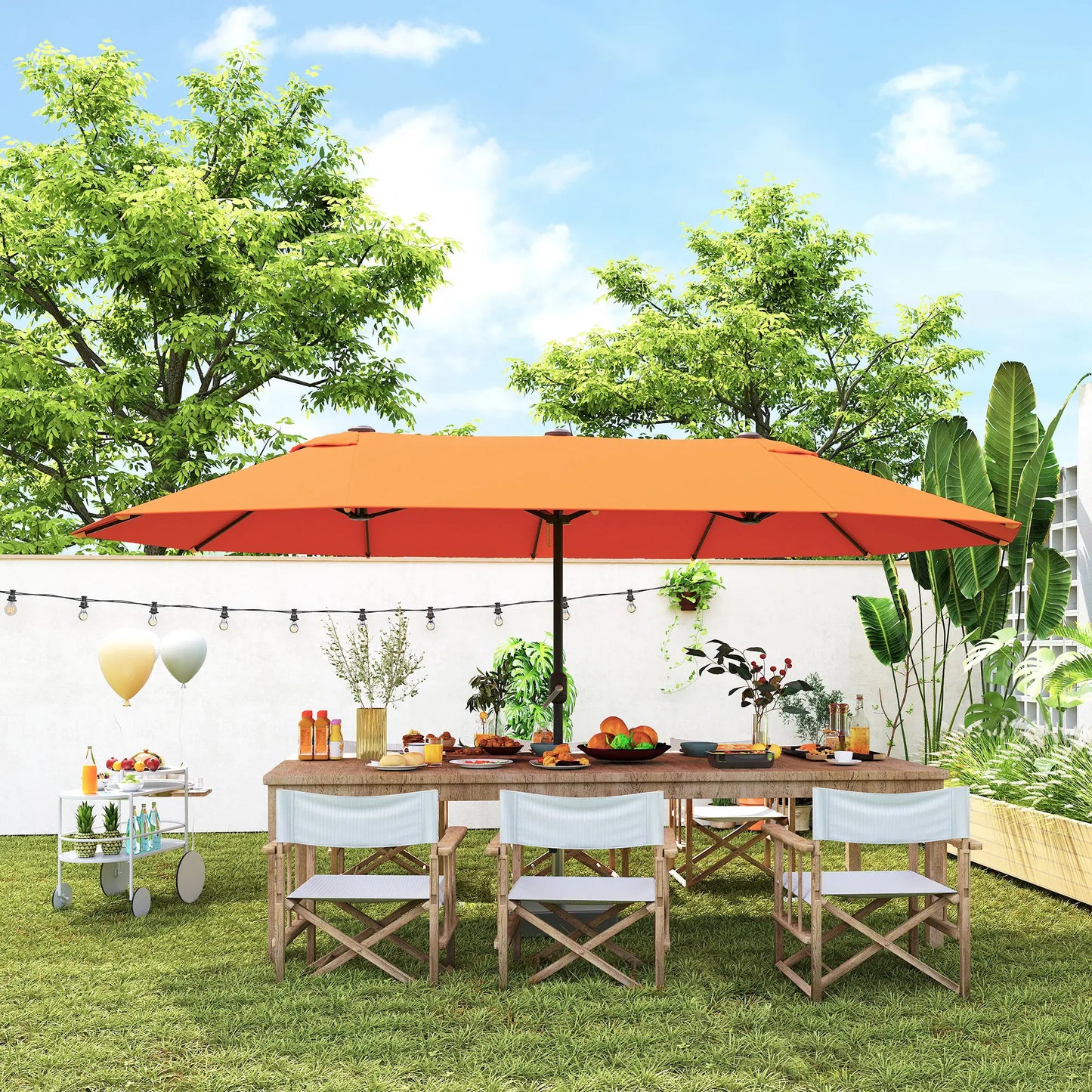15' Outdoor Patio Umbrella, Twin Canopy Sunshade, Steel Table, Lift Crank, Orange Sun Umbrellas at Gallery Canada
