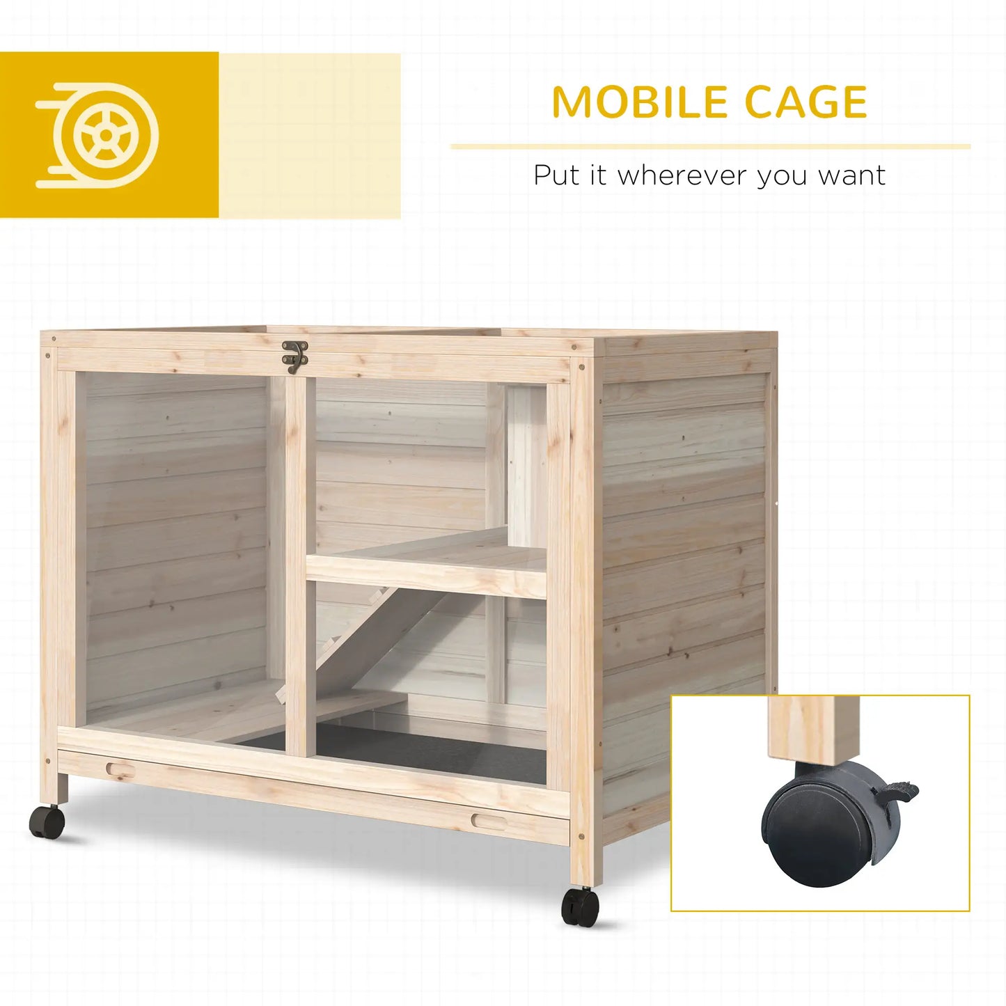 Indoor Rabbit Hutch with Wheels, Guinea Pig Cage, Top Access, Ramp, Pull Out Tray, Natural Wood Rabbit Hutch at Gallery Canada