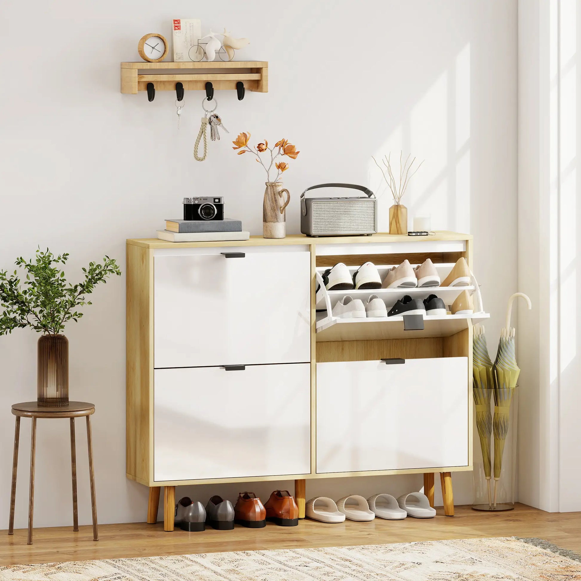 Narrow Shoe Cabinet, 4 Flip Drawers, Adjustable Shelves, Holds 20 Pairs, White Shoe Storage Cabinets & Racks at Gallery Canada