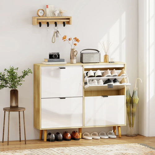 Narrow Shoe Cabinet, 4 Flip Drawers, Adjustable Shelves, Holds 20 Pairs, White