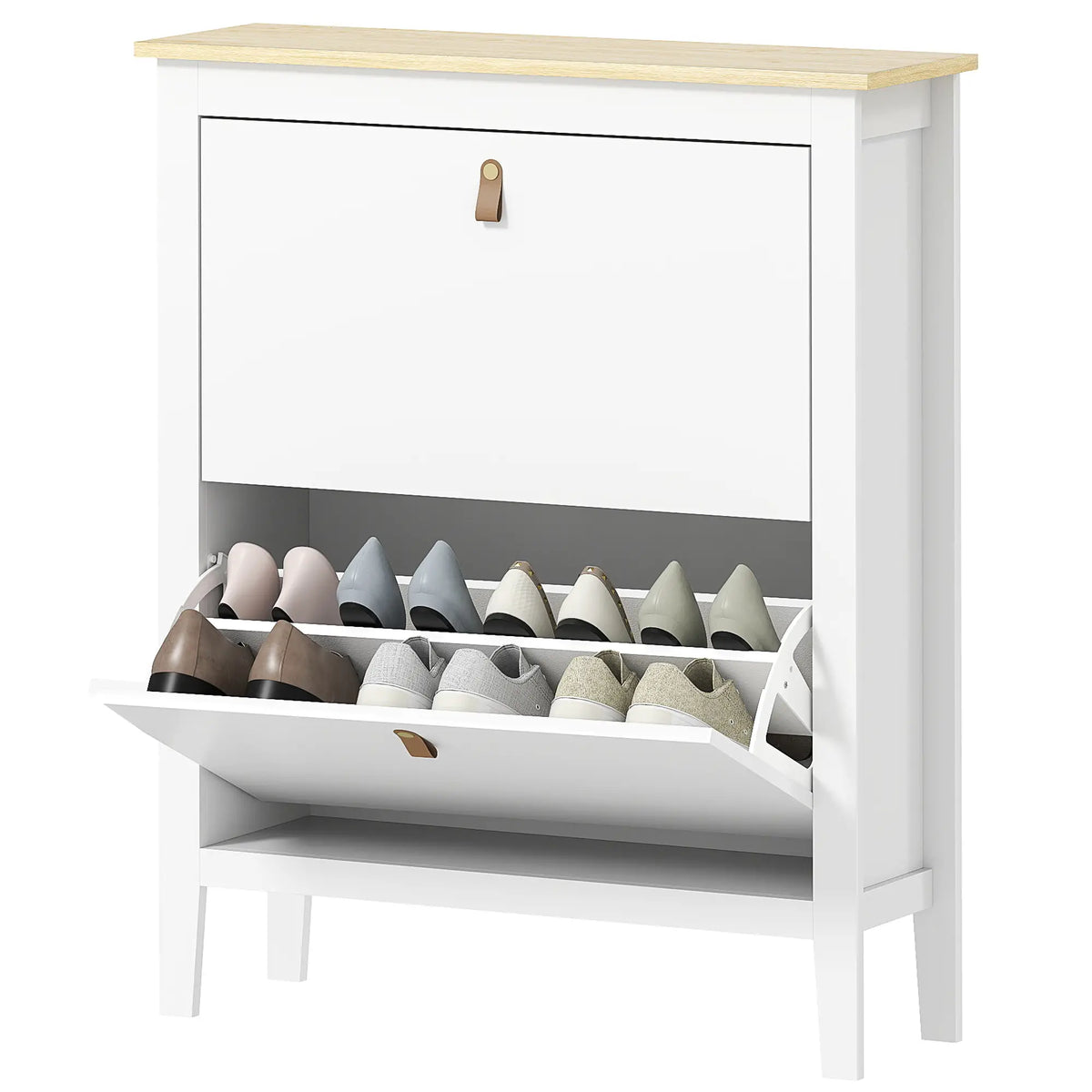 Narrow Shoe Cabinet, 2 Flip Drawers, Adjustable Shelves, Holds 10-14 Pairs, White