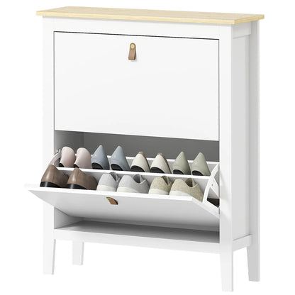 Narrow Shoe Cabinet, 2 Flip Drawers, Adjustable Shelves, Holds 10-14 Pairs, White