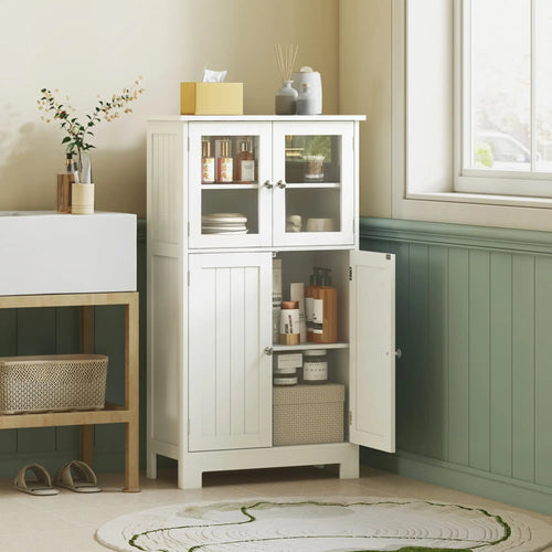 Bathroom Floor Storage Cabinet, Tempered Glass Doors, Adjustable Shelf, White