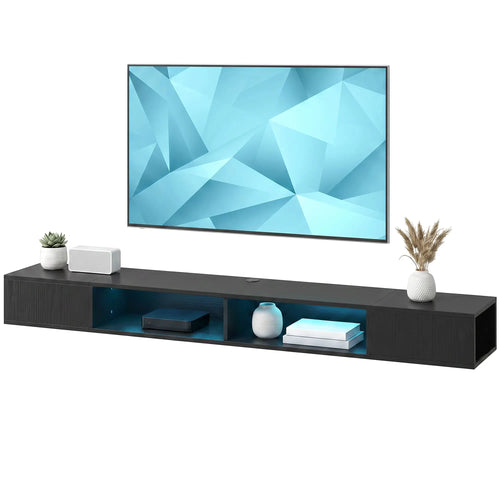 TV Stand with RGB LED Lights, Entertainment Center with Open Shelves for 75 Inch TV, Black Wood Grain